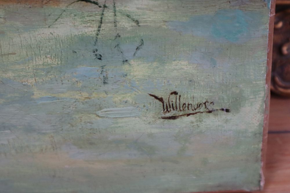 Willenuore, oil on canvas, River landscape with punt at sunset, signed, 56 x 91cm, unframed